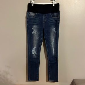M. Rena Pull-on Straight/Skinny Jeans with Distressing, Size Medium